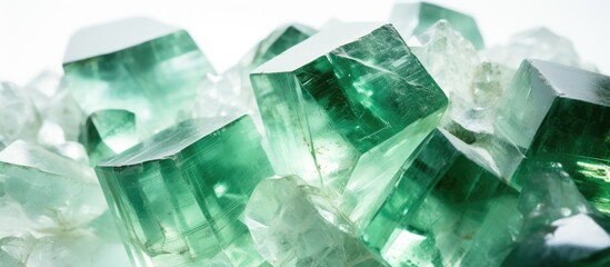 Macro shot of green fluorite crystals on a white background - obrazy, fototapety, plakaty