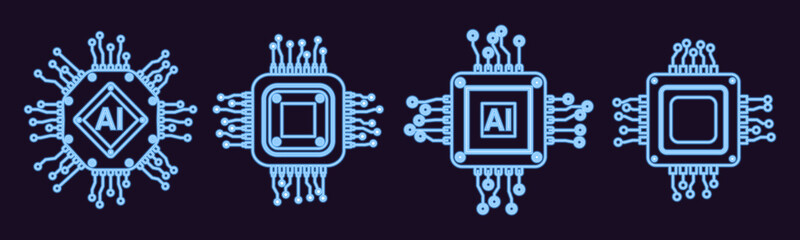 Vector computer electronic chip neon glowing outline AI icons set. Line microchip processor artificial intelligence, cpu, iot, big data isolated on white background.