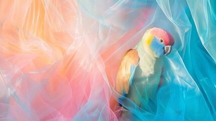 Light elegant wallpaper made of pastel and blue tulle fabric with vibrant pastel parrots