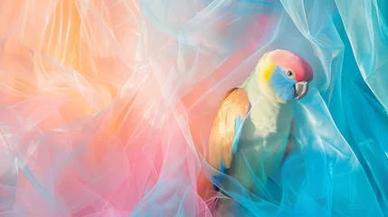 Tuinposter Light elegant wallpaper made of pastel and blue tulle fabric with vibrant pastel parrots © Pastel King