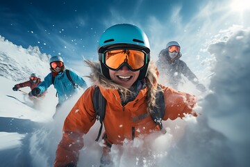 Group of skiers having fun in the snow against blue sky with clouds