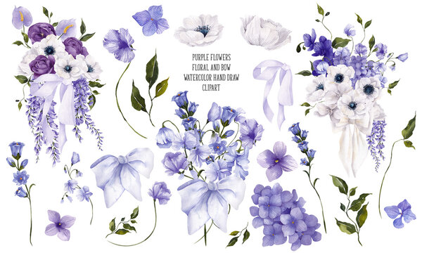 Watercolor hand draw purple clipart, violet flowers, wisteria, orchid, rose and bow, isolated on transparent background, PNG files