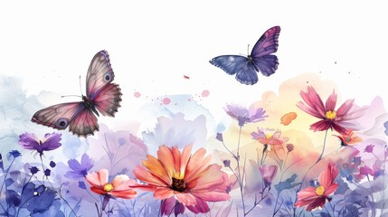 Butterflies fluttering around a garden of watercolor flowers, symbolizing transformation and the joy of life