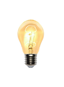 Glowing light tungsten filament bulb screw-in with - E27 thread on isolated transparent background