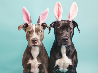 Two domestic dogs with rabbit ears looking in camera against pastel aquamarine background. Creative Easter concept