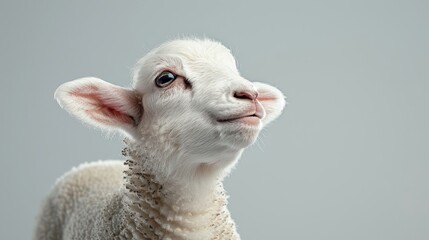 Fototapeta premium Close-up of a white lamb looking at the camera on gray background