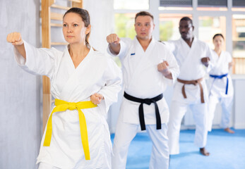 Fototapeta na wymiar Sedulous middle-aged female practitioner of karate courses performing fighting positions during training session