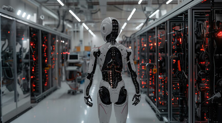 In a state-of-the-art building housing supercomputers, futuristic AI robots navigate seamlessly, embodying the cutting-edge intersection of technology and robotics