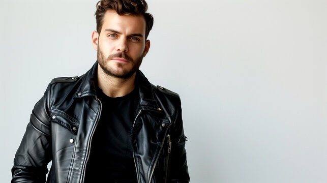 Fashionable Elegant Man in a Black Leather Jacket Looking at the Camera