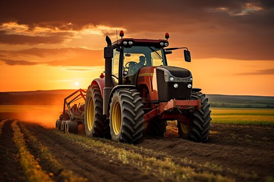 Tractor with a sprayer on a field at sunset. Agricultural machinery.