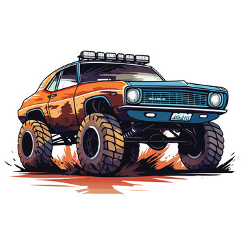 Imagine a vintage muscle car modified for off-road