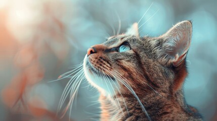 Portrait of a cat with blue eyes on a background of nature. - obrazy, fototapety, plakaty