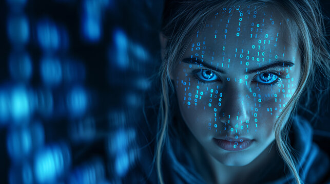 Woman with reflection of blue light, code and digits. Futuristic digital information and internet safety concept.