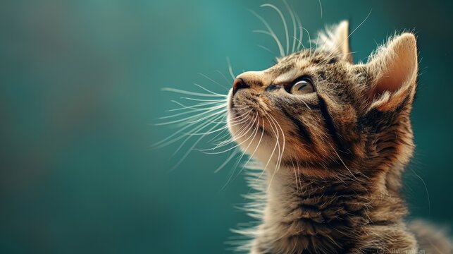 Cute tabby kitten on blurred background, close-up. Space for text