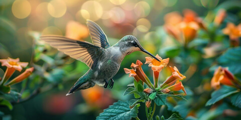 Obraz premium Beautiful Hummingbird Hovering Over Blossoming Flower with Wings Spread and Beak Wide Open in Nature's Garden