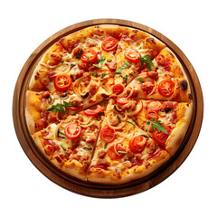 pizza on wood plate isolated on transparent background