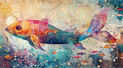 A colorful koi fish glides through abstract, ethereal waters, surrounded by a multitude of whimsical sea elements.