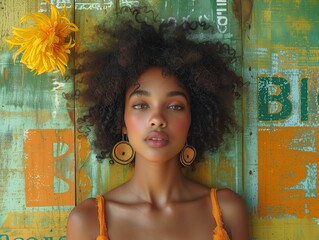 Beautiful woman with afro hairstyle and flower: portrait of a gorgeous young woman with a vibrant afro and sunflower against a colorful backdrop