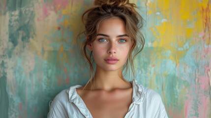 Fototapeta premium Serene beauty against artistic backdrop: young woman with stunning eyes and freckles poses before a colorful abstract wall