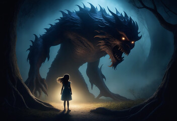 Fantasy scene of a young girl facing a daunting, shadowy creature