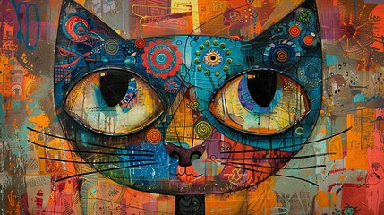 Close-up of a cat's face in an abstract style with bold geometric patterns and a vivid, multicolored palette.