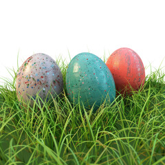 3d Realistic Easter Day, three colored eggs on green grass