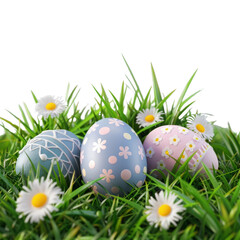 3d Realistic Easter Day, three colored eggs on green grass