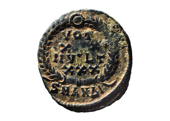 Ancient Roman bronze coin of Emperor Constantius II, 337-361 AD. Follis