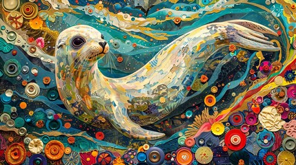 A whimsical seal adorned with swirls and colorful patterns against an abstract artistic backdrop.
