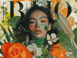 Modernist collage with a botanical portrait with floral overlays: artistic portrait blending a woman's face with vibrant botanical elements and textures