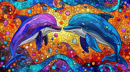 Vibrant dolphins in a dynamic, abstract underwater scene filled with splashes of vivid colors.
