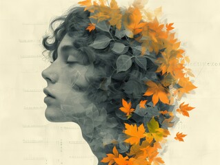Autumnal dreams - portrait of a woman with leaves illustration: digital illustration of a young woman with autumn leaves merging into her profile