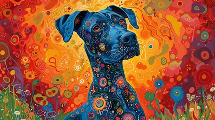 A vividly patterned portrait of a dog with psychedelic colors and abstract floral background.
