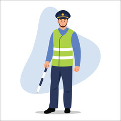 Vector illustration of a policeman with a baton. Cartoon scene of bearded policeman with striped baton in reflective vest and uniform, cap isolated on white background. Monitors law and order.