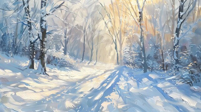 Frosty winter morning with sunlight streaming through snow-laden trees, rendered in oil paints.