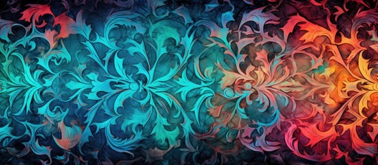 A vibrant floral pattern featuring electric blue and magenta petals on a dark background,...