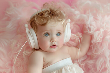 Fototapeta na wymiar Baby with headphones on a pink cloudy background. Fantasy infant portrait. Music and dreams concept. Design for sound therapy advertisement, baby products brochure.
