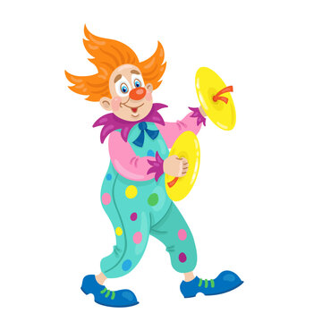 Funny clown musician with cymbals. Isolated on white background. Vector flat illustration.