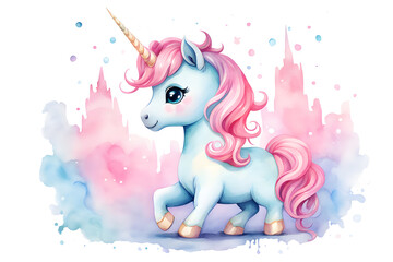 unicorn watercolor in pastel pink and blue colors