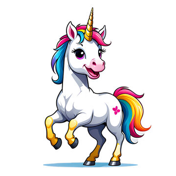 drawn unicorn with a multi-colored rainbow mane on a white background isolate
