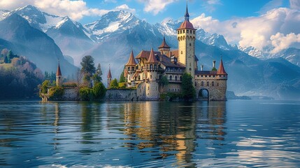 Scenic European river town with a medieval castle and a bridge, snowy mountain background