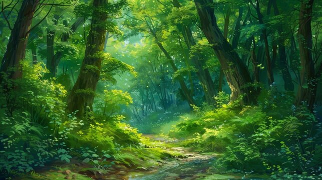 Lush green forest with a hidden stream, depicted in rich oil painting colors.