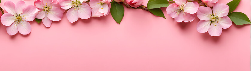 Cherry flowers on pink background, romantic spring flowers copy space for header, banner, web, cards, Apple pink flowers summer wallpapers with isolated flowers