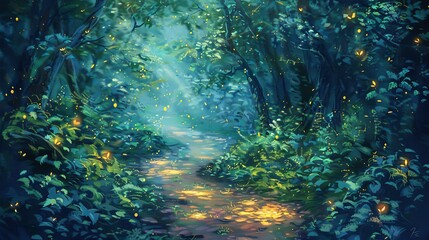 Fototapeta na wymiar Mystical forest pathway lit by fireflies, depicted in enchanting oil painting strokes.