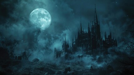 Halloween background with haunted castle and full moon - obrazy, fototapety, plakaty