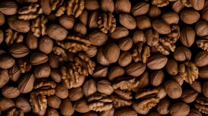 Background with many small peeled walnut kernels. Background with nuts of different textures and tones throughout the image in top view.
