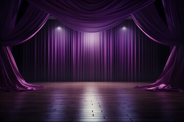 Purple stage curtain and wooden floor with spotlights. illustration.
