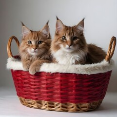 Red maine coon Cat Relaxing Inside a Wicker Basket