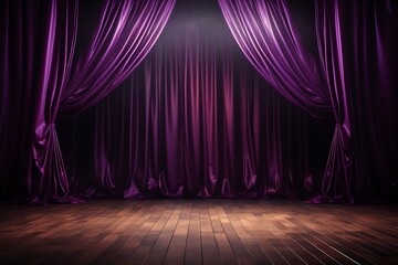 Purple stage curtain and wooden floor with spotlights. illustration. - obrazy, fototapety, plakaty
