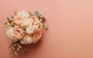 Wedding  bouquet of pale pink roses and other complementary flowers on peach coloured background, negative space for text